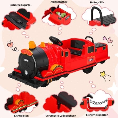 MAMIZO Elektro Zug mit Zugwaggon - Kinder Elektroauto 12V - für Kinder 3-8 Jahre - Schaukelmodus, Musik & Hupe - Rot