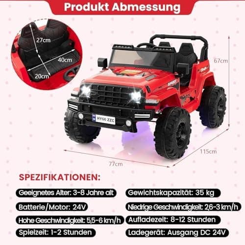 DREAMADE 24V Kinder Elektroauto Rosa: 2 Sitzer, Fernbedienung, Hupe, LED-Leuchtungen & Musik für Kleinkinder ab 3 Jahren