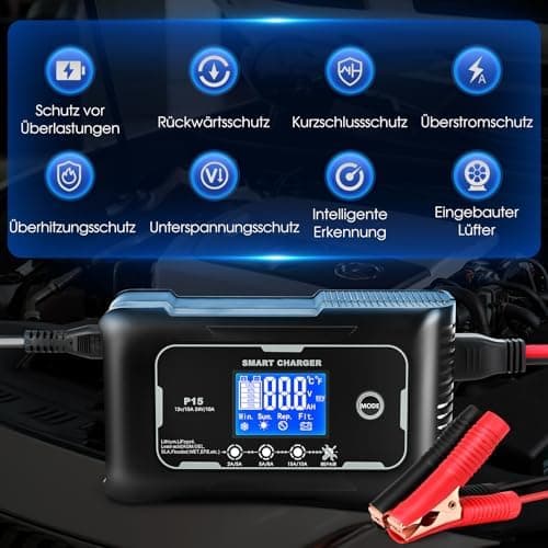 Autobatterie Ladegerät 12V/15A 24V/10A KFZ Ladegerät Lithium Batteriewartung Geeignet für Autos, Motorräder, Rasenmäher