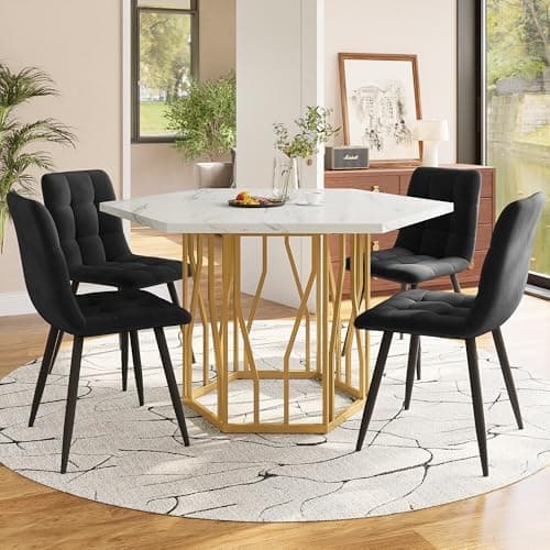 HAUSPROFI Schwarz + Gold Esstisch 5-teiliges Set Küchen Esszimmer Wohnzimmer Sechseckiger Esstisch 115.5x100x75cm mit 4