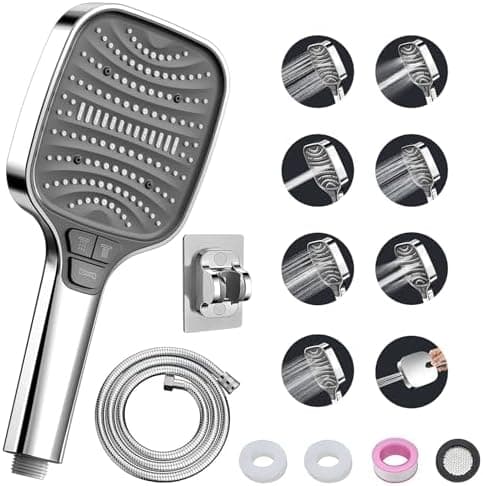 Duschbrause Duschkopf – Wassersparender Duschkopf mit 8 Strahlarten und Stoppfunktion, groß, Silber Chrom