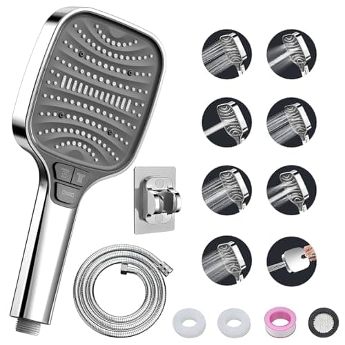 Duschbrause Duschkopf – Wassersparender Duschkopf mit 8 Strahlarten und Stoppfunktion, groß, Silber Chrom