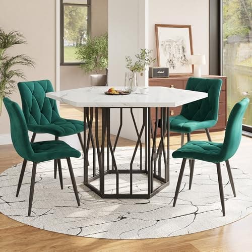 HAUSPROFI Schwarz + Gold Esstisch 5-teiliges Set Küchen Esszimmer Wohnzimmer Sechseckiger Esstisch 115.5x100x75cm mit 4