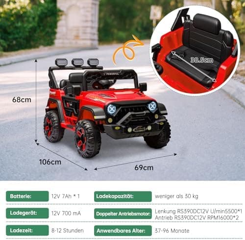 Kinder Elektroauto mit Verbesserter Akku 12V 7AH, Sicherheitsgurten für Kinder (Rot)