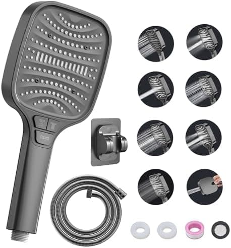 Duschbrause Duschkopf – Wassersparender Duschkopf mit 8 Strahlarten und Stoppfunktion, groß, Silber Chrom