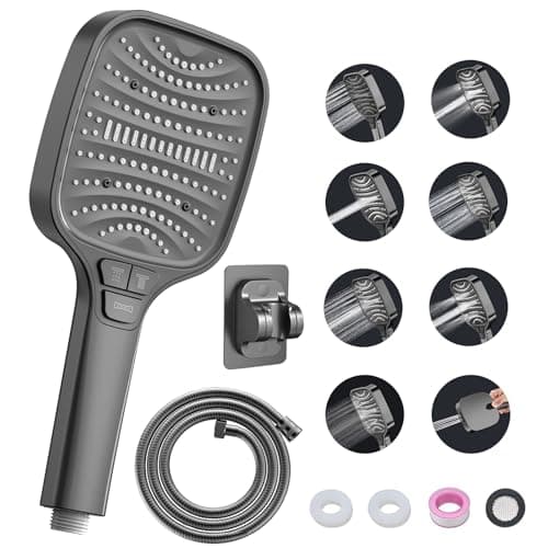 Duschbrause Duschkopf – Wassersparender Duschkopf mit 8 Strahlarten und Stoppfunktion, groß, Silber Chrom