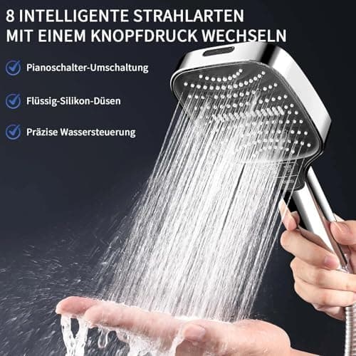 Duschbrause Duschkopf – Wassersparender Duschkopf mit 8 Strahlarten und Stoppfunktion, groß, Silber Chrom