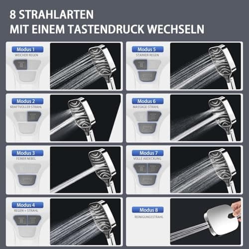 Duschbrause Duschkopf – Wassersparender Duschkopf mit 8 Strahlarten und Stoppfunktion, groß, Silber Chrom