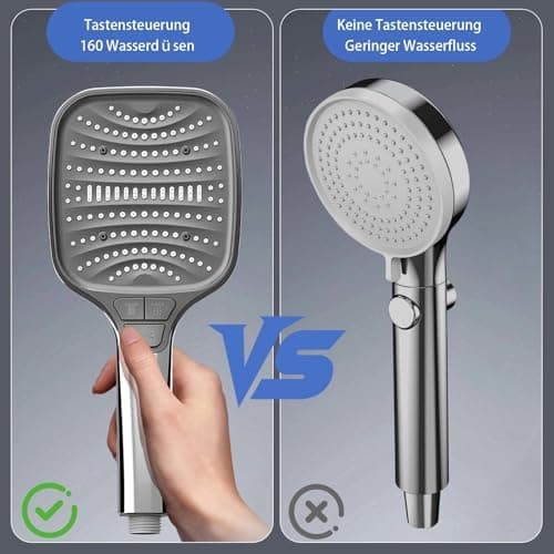 Duschbrause Duschkopf – Wassersparender Duschkopf mit 8 Strahlarten und Stoppfunktion, groß, Silber Chrom