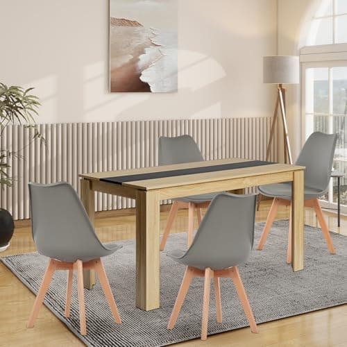 Esszimmergruppe Esstisch 120CM Rechteckig Holz + 4er Stühle grau Eiche-Weiß Tischbein für Wohnzimmer Küche Büro
