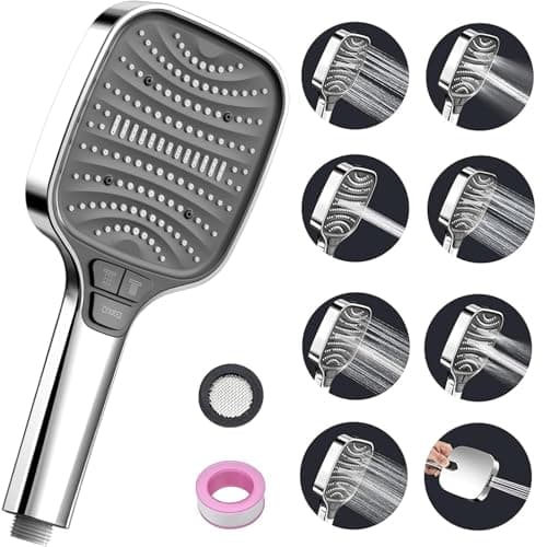 Duschbrause Duschkopf – Wassersparender Duschkopf mit 8 Strahlarten und Stoppfunktion, groß, Silber Chrom