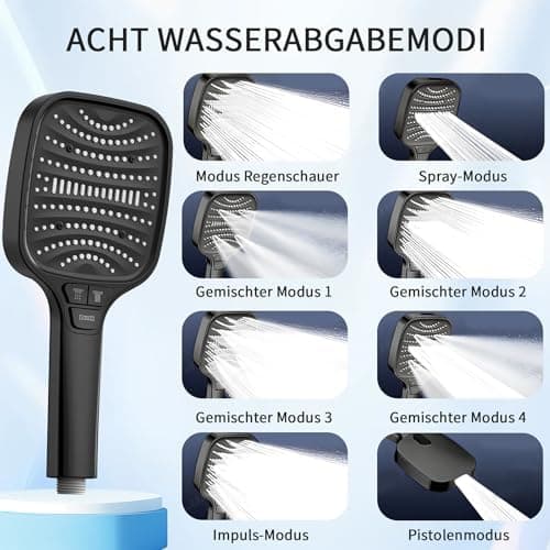 Duschbrause Duschkopf – Wassersparender Duschkopf mit 8 Strahlarten und Stoppfunktion, groß, Silber Chrom