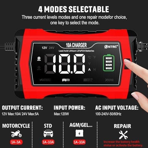 HTRC 16A Autobatterieladegerät, 6V/12V/24V-Ladegerät für Autofahrer, Motorrad- und Rasenmähernutzung, Lithium und LiFePO