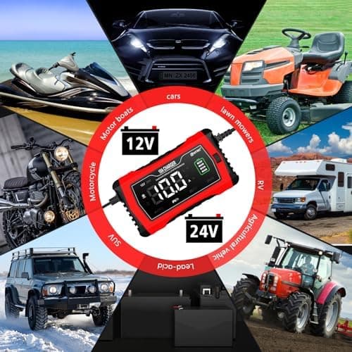HTRC 16A Autobatterieladegerät, 6V/12V/24V-Ladegerät für Autofahrer, Motorrad- und Rasenmähernutzung, Lithium und LiFePO