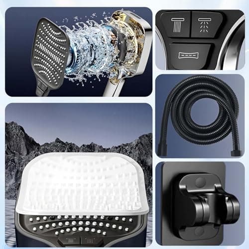 Duschbrause Duschkopf – Wassersparender Duschkopf mit 8 Strahlarten und Stoppfunktion, groß, Silber Chrom