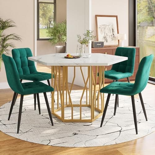 HAUSPROFI Schwarz + Gold Esstisch 5-teiliges Set Küchen Esszimmer Wohnzimmer Sechseckiger Esstisch 115.5x100x75cm mit 4