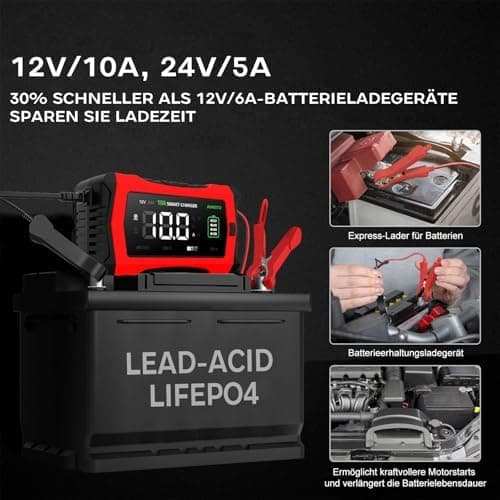 Haisito 12V/24V 10A LiFePO4 ErhaltungsladegerätAuto mit LCD-Temperaturkompensation