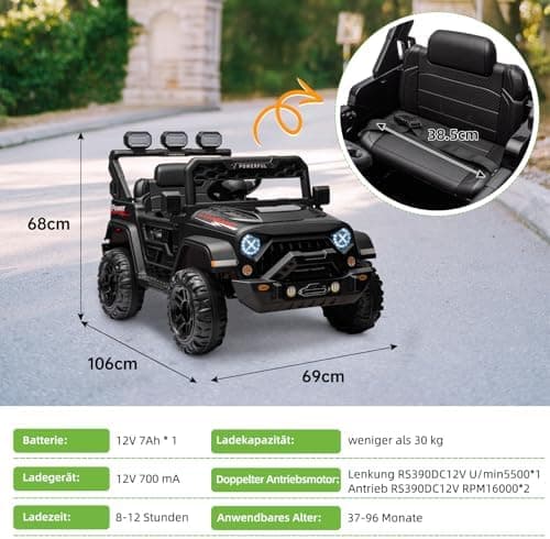 Kinder Elektroauto mit Verbesserter Akku 12V 7AH, Sicherheitsgurten für Kinder (Rot)
