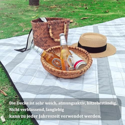 Wasserdichte Picknickdecke XXL Gitter-Grau für Strand und Camping 200x200cm