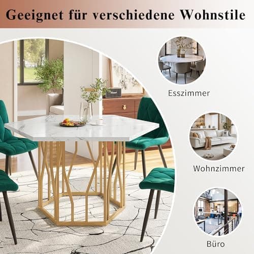 HAUSPROFI Schwarz + Gold Esstisch 5-teiliges Set Küchen Esszimmer Wohnzimmer Sechseckiger Esstisch 115.5x100x75cm mit 4