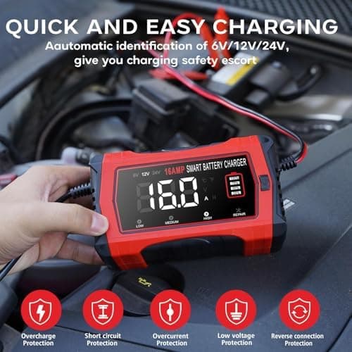 HTRC 16A Autobatterieladegerät, 6V/12V/24V-Ladegerät für Autofahrer, Motorrad- und Rasenmähernutzung, Lithium und LiFePO
