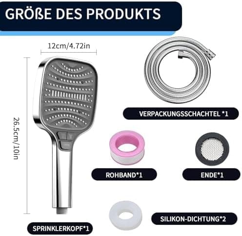Duschbrause Duschkopf – Wassersparender Duschkopf mit 8 Strahlarten und Stoppfunktion, groß, Silber Chrom