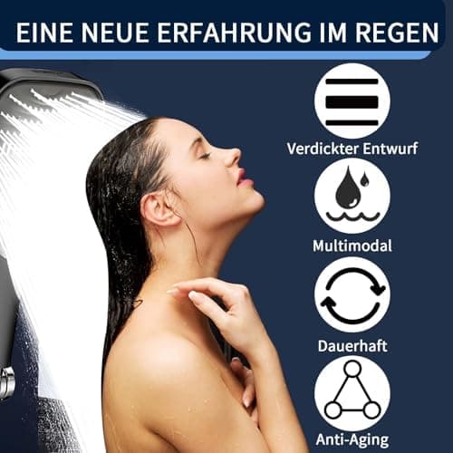 Duschbrause Duschkopf – Wassersparender Duschkopf mit 8 Strahlarten und Stoppfunktion, groß, Silber Chrom