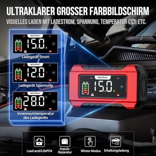 NEXPEAK NC215 15A Autobatterie Ladegerät - 12V 24V intelligentes Ladegerät für Auto, LKW, Motorrad - 9-stufiges Intellig