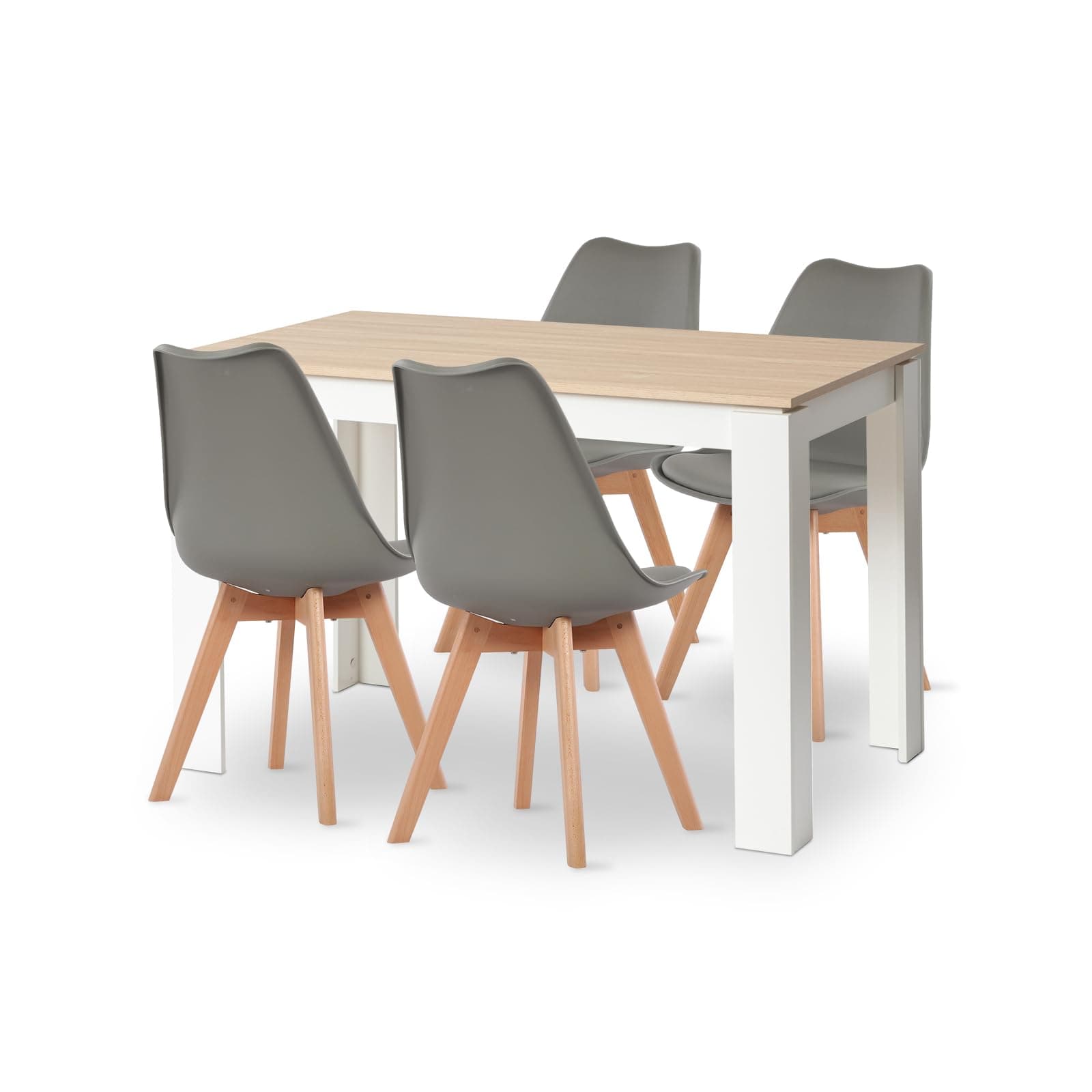 Esszimmergruppe Esstisch 120CM Rechteckig Holz + 4er Stühle grau Eiche-Weiß Tischbein für Wohnzimmer Küche Büro