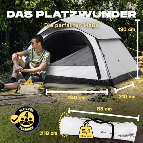 Lumaland Lightweights Pop Up Wurfzelt 2-4 Personen | Ideal für Trekking & Festival | Wasserdicht 210x190x110cm
Lumaland