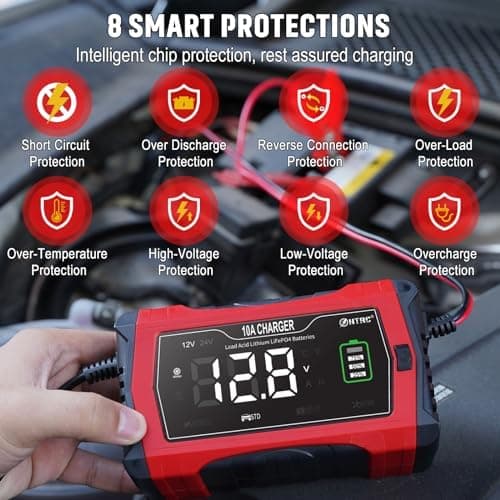 HTRC 16A Autobatterieladegerät, 6V/12V/24V-Ladegerät für Autofahrer, Motorrad- und Rasenmähernutzung, Lithium und LiFePO