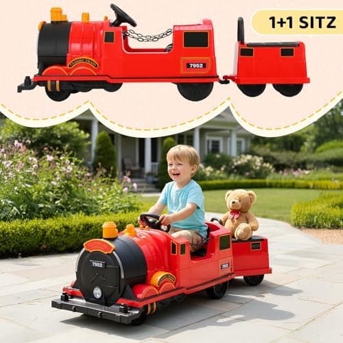 MAMIZO Elektro Zug mit Zugwaggon - Kinder Elektroauto 12V - für Kinder 3-8 Jahre - Schaukelmodus, Musik & Hupe - Rot