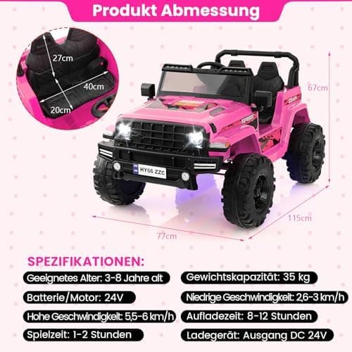 DREAMADE 24V Kinder Elektroauto Rosa: 2 Sitzer, Fernbedienung, Hupe, LED-Leuchtungen & Musik für Kleinkinder ab 3 Jahren