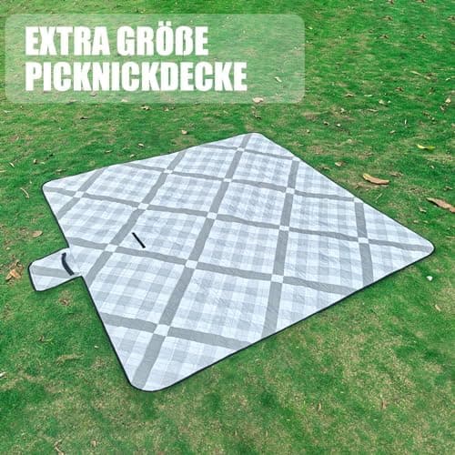 Wasserdichte Picknickdecke XXL Gitter-Grau für Strand und Camping 200x200cm