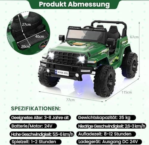 DREAMADE 24V Kinder Elektroauto Rosa: 2 Sitzer, Fernbedienung, Hupe, LED-Leuchtungen & Musik für Kleinkinder ab 3 Jahren