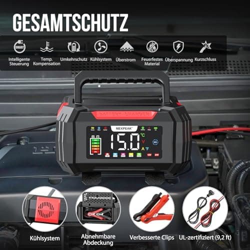 NEXPEAK NC315 15A Autobatterieladegerät - intelligentes Ladegerät für Auto, LKW, Motorrad - 12V/24V LiFePO4 & Blei-Säure