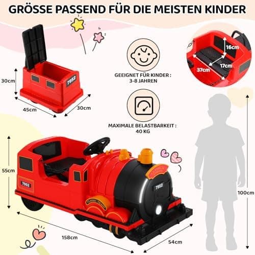 MAMIZO Elektro Zug mit Zugwaggon - Kinder Elektroauto 12V - für Kinder 3-8 Jahre - Schaukelmodus, Musik & Hupe - Rot