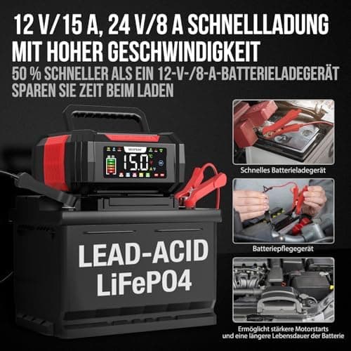 NEXPEAK NC315 15A Autobatterieladegerät - intelligentes Ladegerät für Auto, LKW, Motorrad - 12V/24V LiFePO4 & Blei-Säure