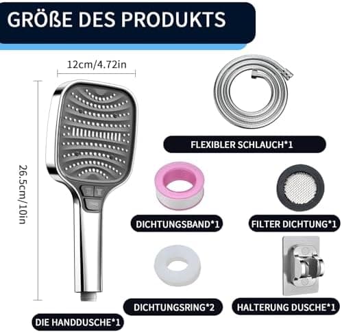 Duschbrause Duschkopf – Wassersparender Duschkopf mit 8 Strahlarten und Stoppfunktion, groß, Silber Chrom