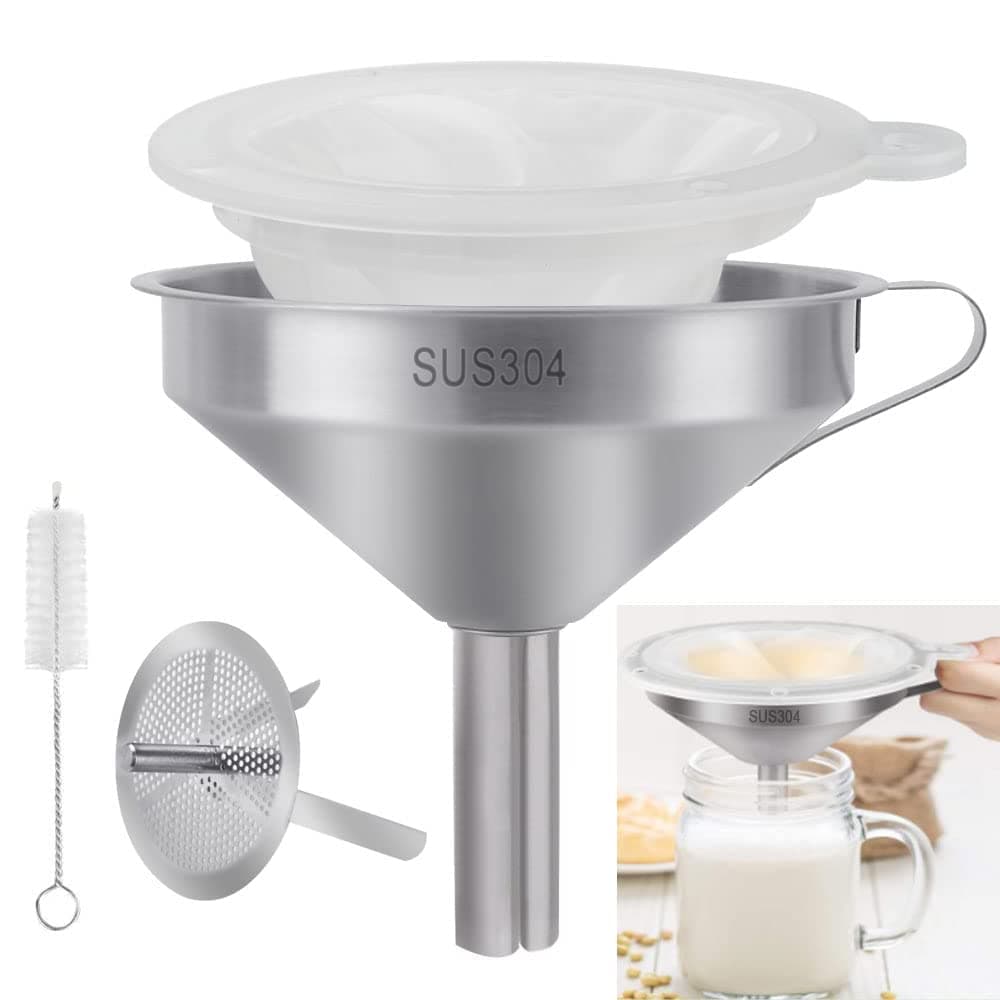 Edelstahltrichter Küchentrichter 5 Zoll Abnehmbarem Sieb 300 Mesh Filter Reinigungsbürste Küchen Einfülltrichter Set