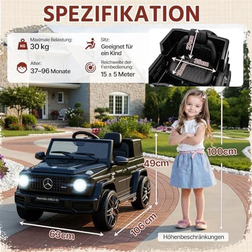 HAUSPROFI Kinder Elektroauto Mercedes AMG G63 Schwarz - Bluetooth, Musik und LED-Licht für 3+jährige Kinder