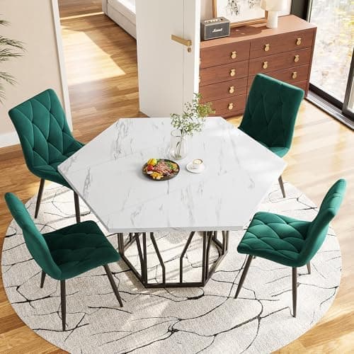 HAUSPROFI Schwarz + Gold Esstisch 5-teiliges Set Küchen Esszimmer Wohnzimmer Sechseckiger Esstisch 115.5x100x75cm mit 4