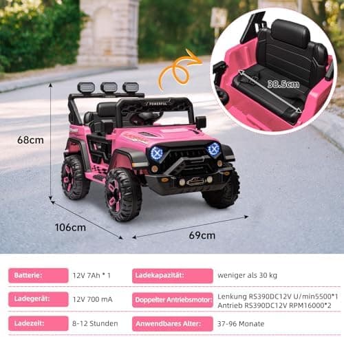 Kinder Elektroauto mit Verbesserter Akku 12V 7AH, Sicherheitsgurten für Kinder (Rot)