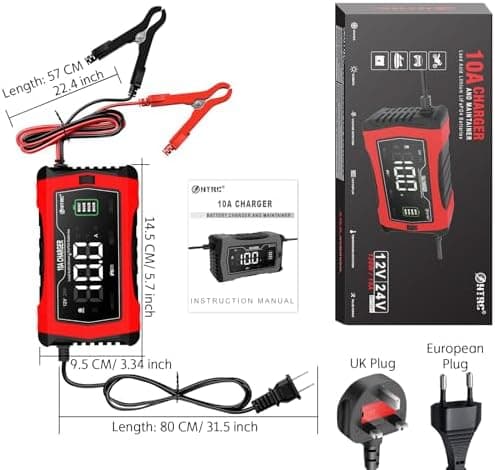 HTRC 16A Autobatterieladegerät, 6V/12V/24V-Ladegerät für Autofahrer, Motorrad- und Rasenmähernutzung, Lithium und LiFePO
