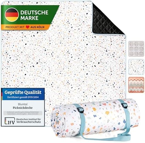 BlumtalPremium Picknickdecke wasserabweisend 200x200 cm - Outdoor-Decke Boho & Terrazzo Design - waschbar + weiche Zwisc