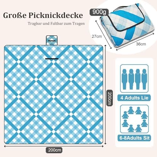 Wasserdichte Picknickdecke XXL Gitter-Grau für Strand und Camping 200x200cm