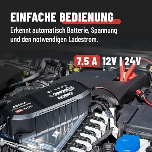 ABSINA 24V & 12V KFZ Batterieladegerät für Auto & Wohnmobil - 7,5 A Ladegeschwindigkeit / Erhaltungsladegerät bis 240Ah