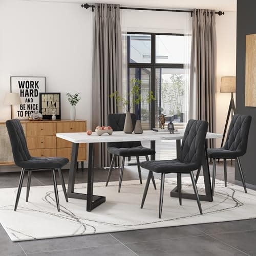Modern Küchentisch Set Essgruppe 117x68cm Rechteckig 4 Stühle Dunkelgrau Twill Leinentuch(Schwarze Tischbeine)