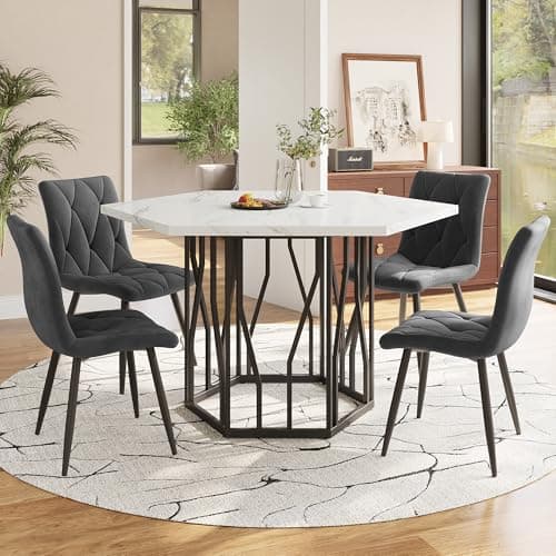 HAUSPROFI Schwarz + Gold Esstisch 5-teiliges Set Küchen Esszimmer Wohnzimmer Sechseckiger Esstisch 115.5x100x75cm mit 4