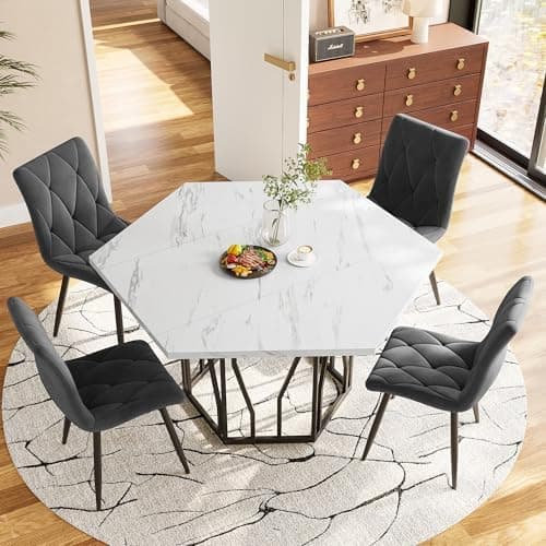 HAUSPROFI Schwarz + Gold Esstisch 5-teiliges Set Küchen Esszimmer Wohnzimmer Sechseckiger Esstisch 115.5x100x75cm mit 4